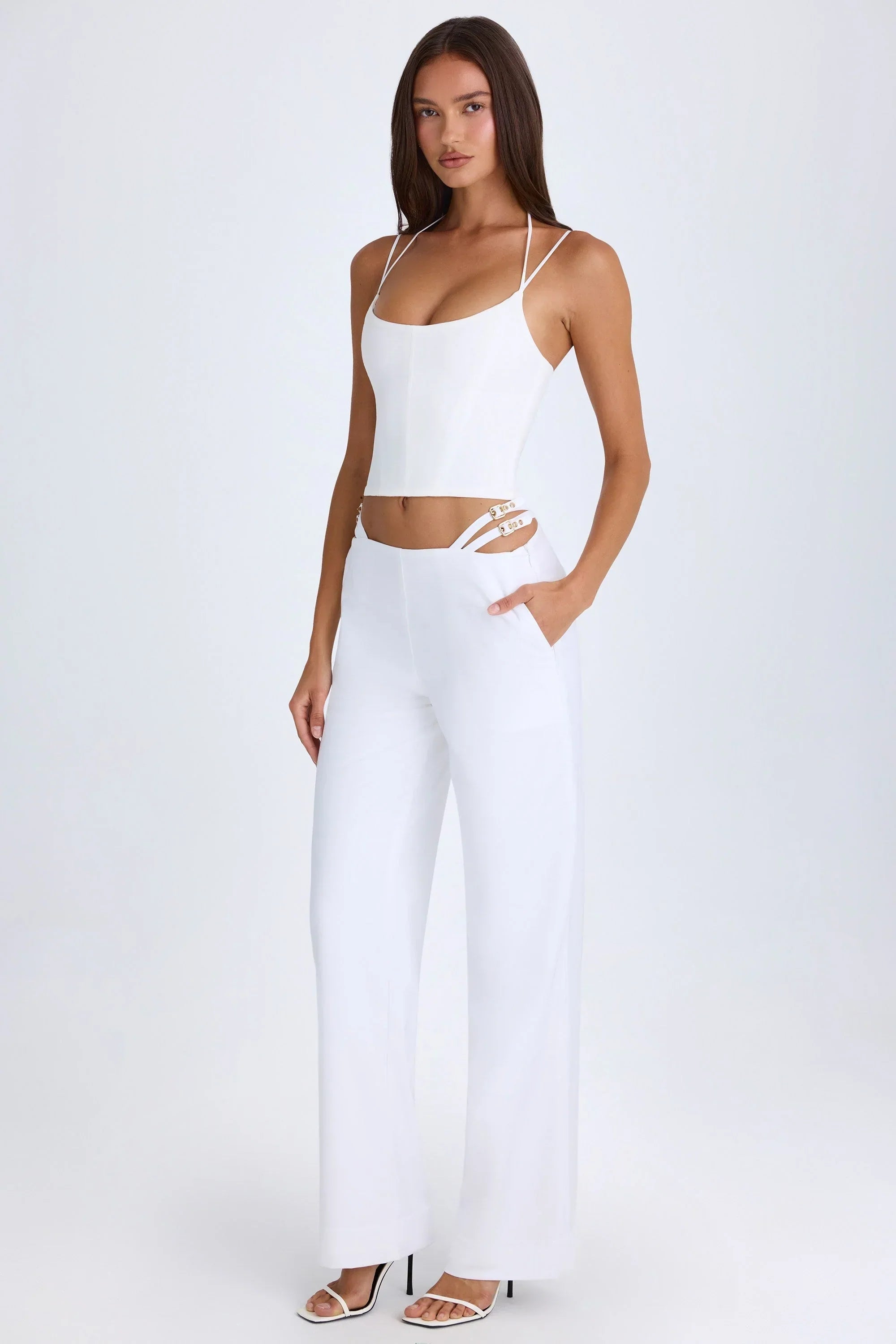 Belted Cut Out Wide Leg Trousers in White