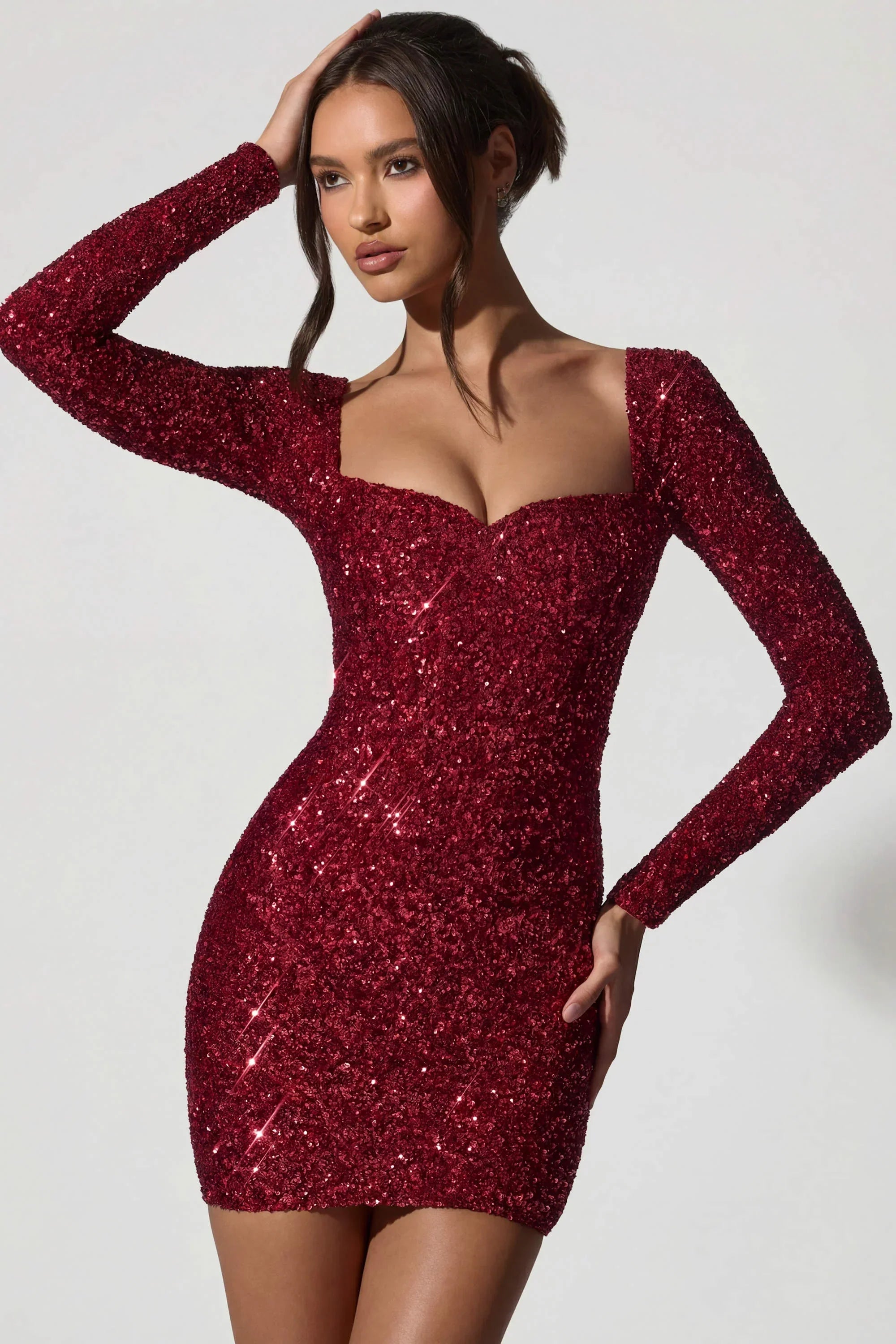Embellished Sweetheart Neck Mini Dress in Red