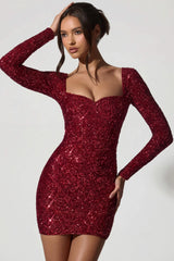 Embellished Sweetheart Neck Mini Dress in Red