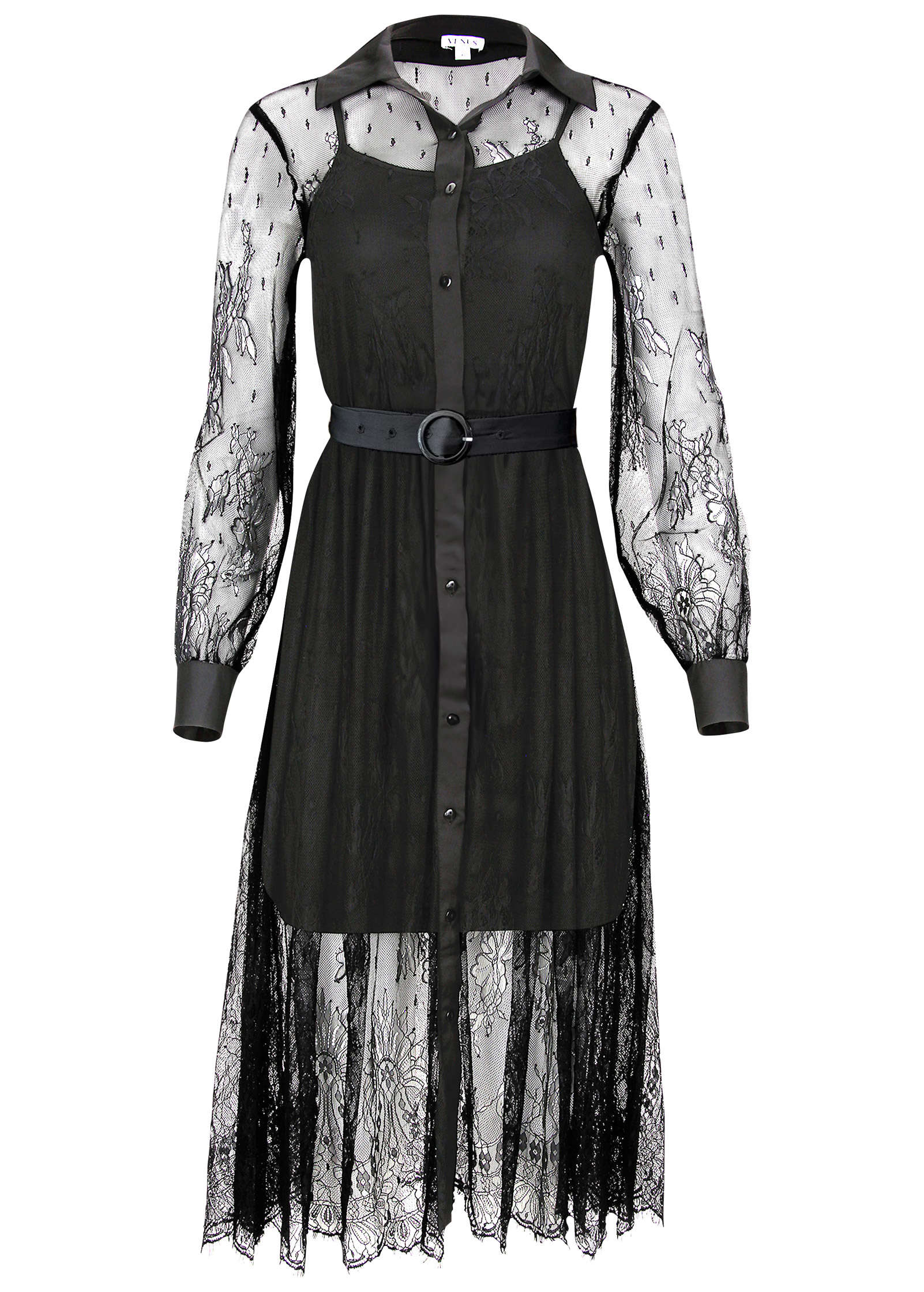Lace Belted Midi Dress Jet Black