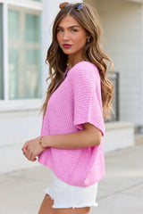Alana Pink Open Knit Short Sleeve Sweater