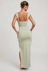 High Split Plunge Neck Maxi Dress in Sage