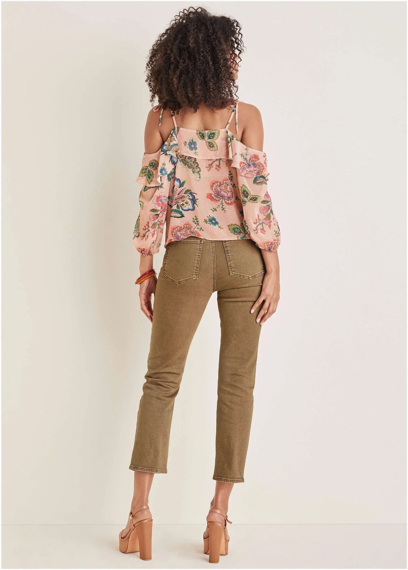 Chiffon Cold Shoulder Top Allover Needlework Floral