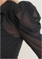 Mesh Button Front Top Jet Black