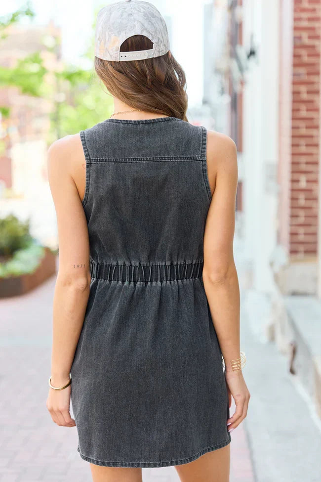 Strike A Chord Black Wash Denim Button Front Dress