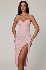 Lace Up Corset Midaxi Dress with Split in Soft Pink