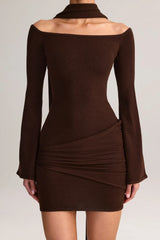 Knit Scarf Detail Off Shoulder Mini Dress in Chocolate Brown