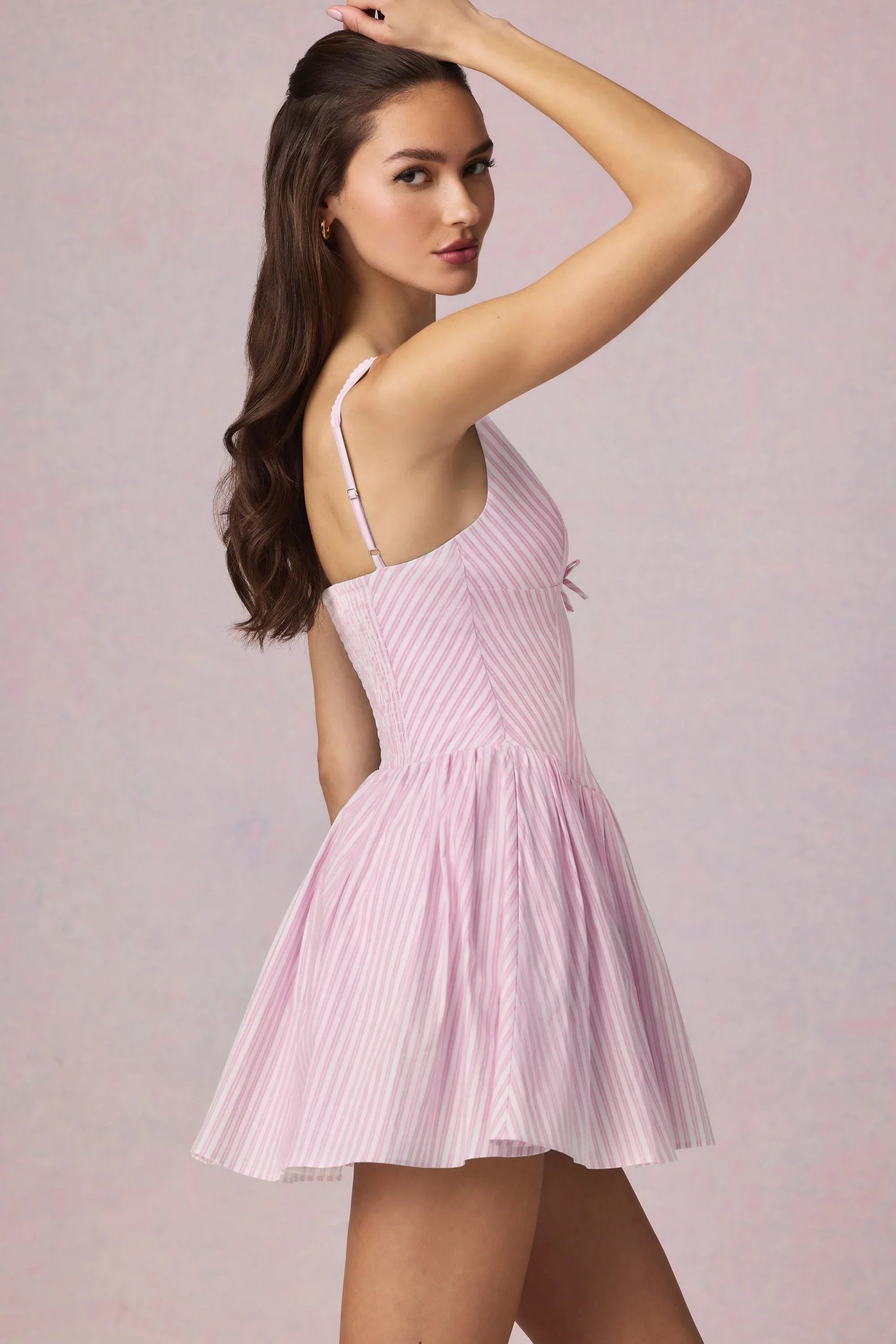 Bow Detail A Line Mini Dress in Soft Mauve Stripe