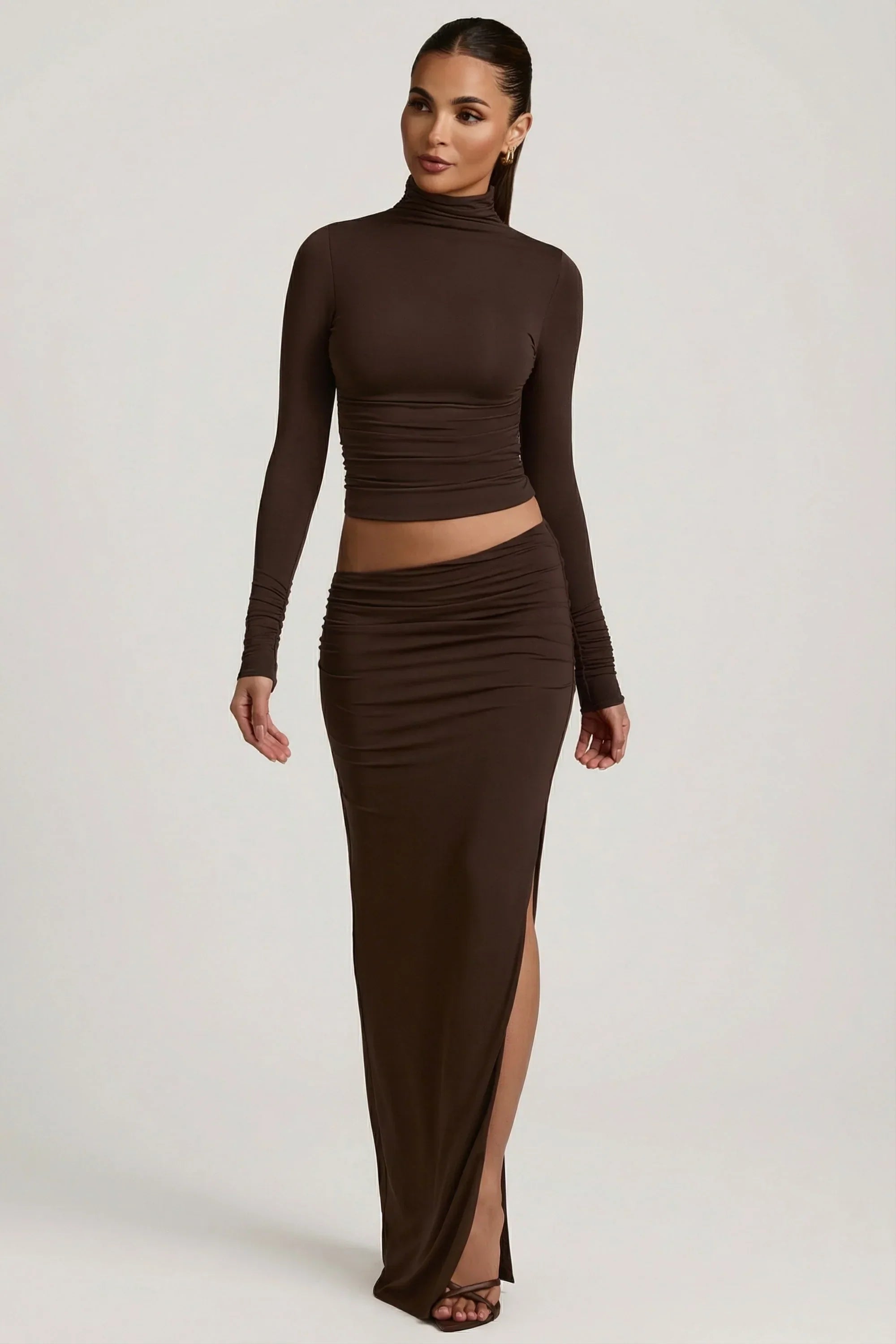 Modal Asymmetric Waist Maxi Skirt in Chocolate Brown