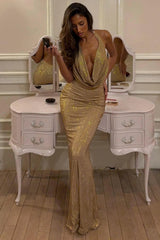 Embellished Cowl Neck Backless Gown in Gold