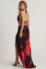 Mid Rise Split Maxi Skirt in Red Blurred Print