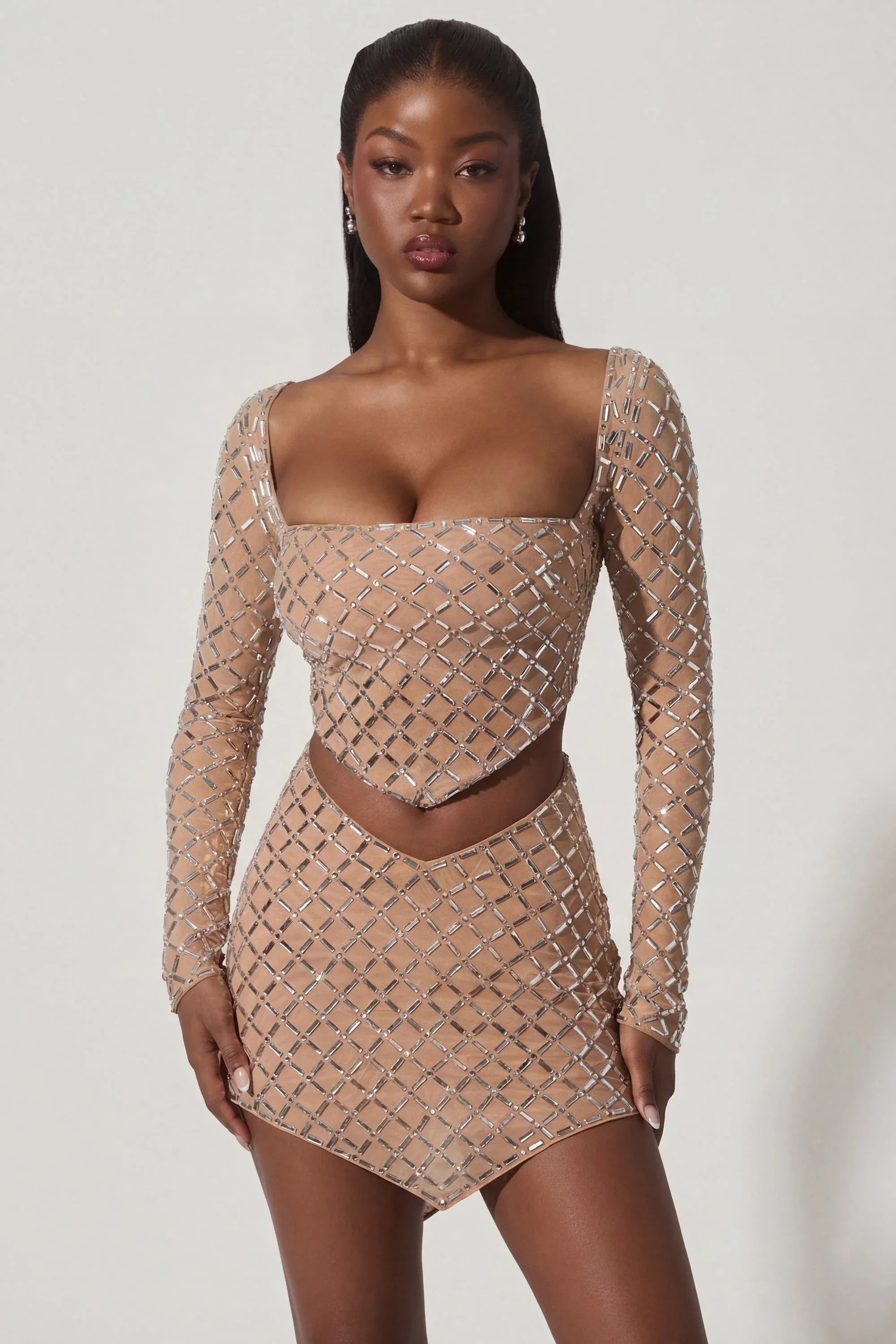Embellished Asymmetric Mid Rise Mini Skirt in Almond