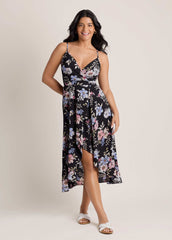 Spring Blossoms Wrap Dress Black Mauve Floral