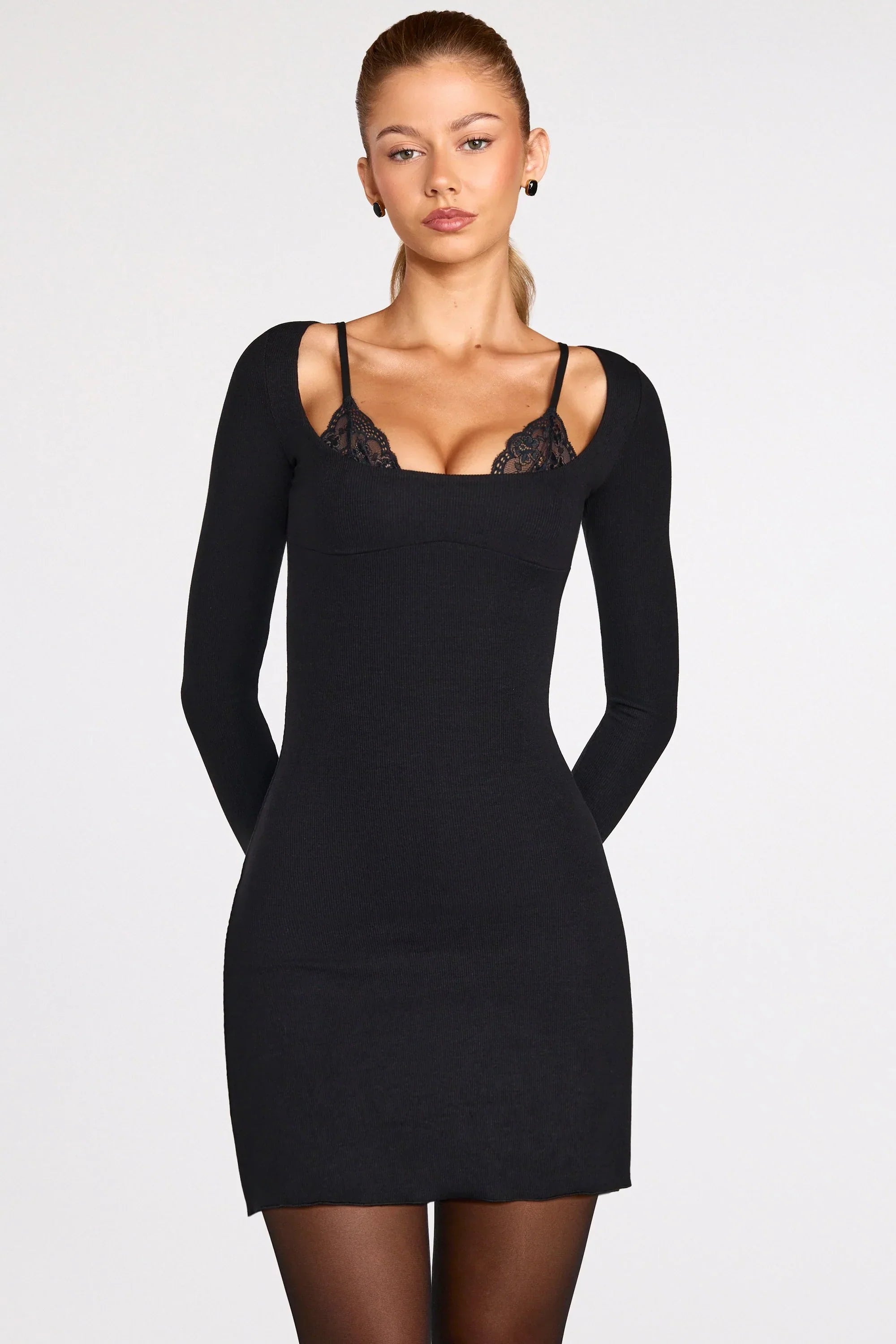 Ribbed Modal Long Sleeve Laced Bra Mini Dress in Black