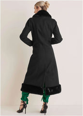 Faux Fur Trim Long Coat Jet Black