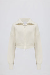 Ribbed Knit Zip Up Cropped Sweatshirt in Ivory