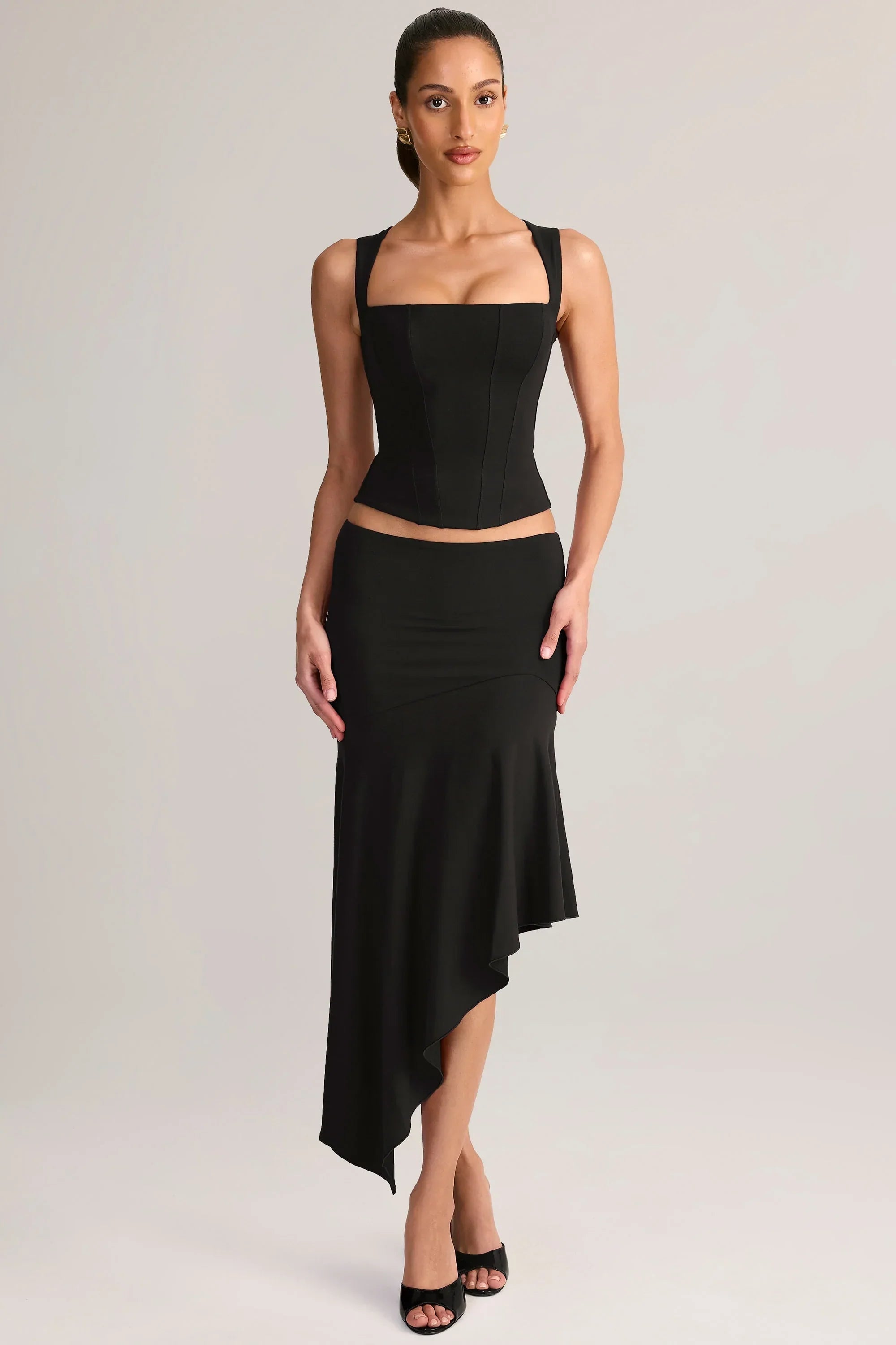 Modal Low Rise Asymmetric Midaxi Skirt in Black