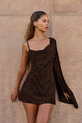 Devoré One Sleeve A Line Mini Dress in Dark Chocolate