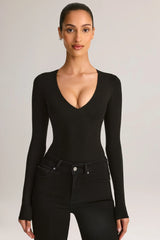 Modal Plunge Long Sleeve Bodysuit in Black
