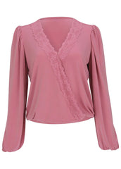 Faux Wrap Lace Trim Blouse Heather Rose