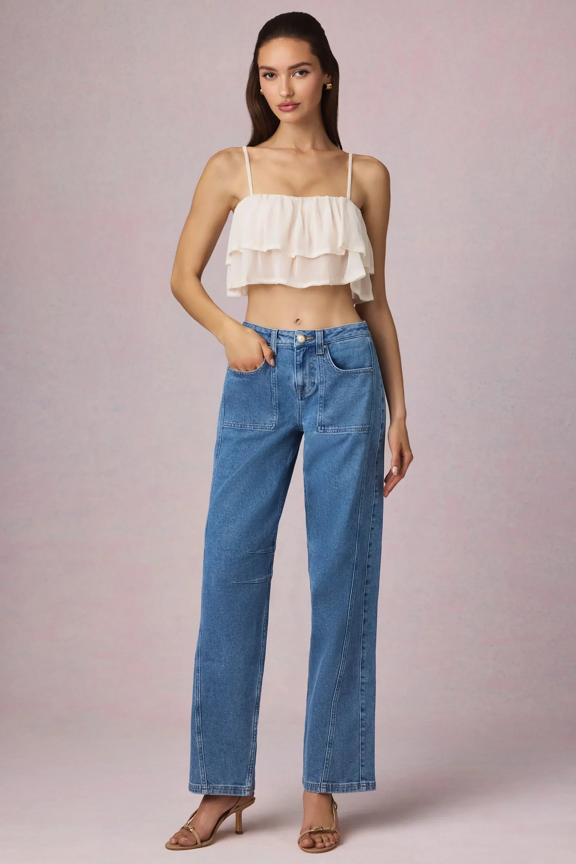 Mid Rise Barrel Leg Jeans in Mid Blue Wash