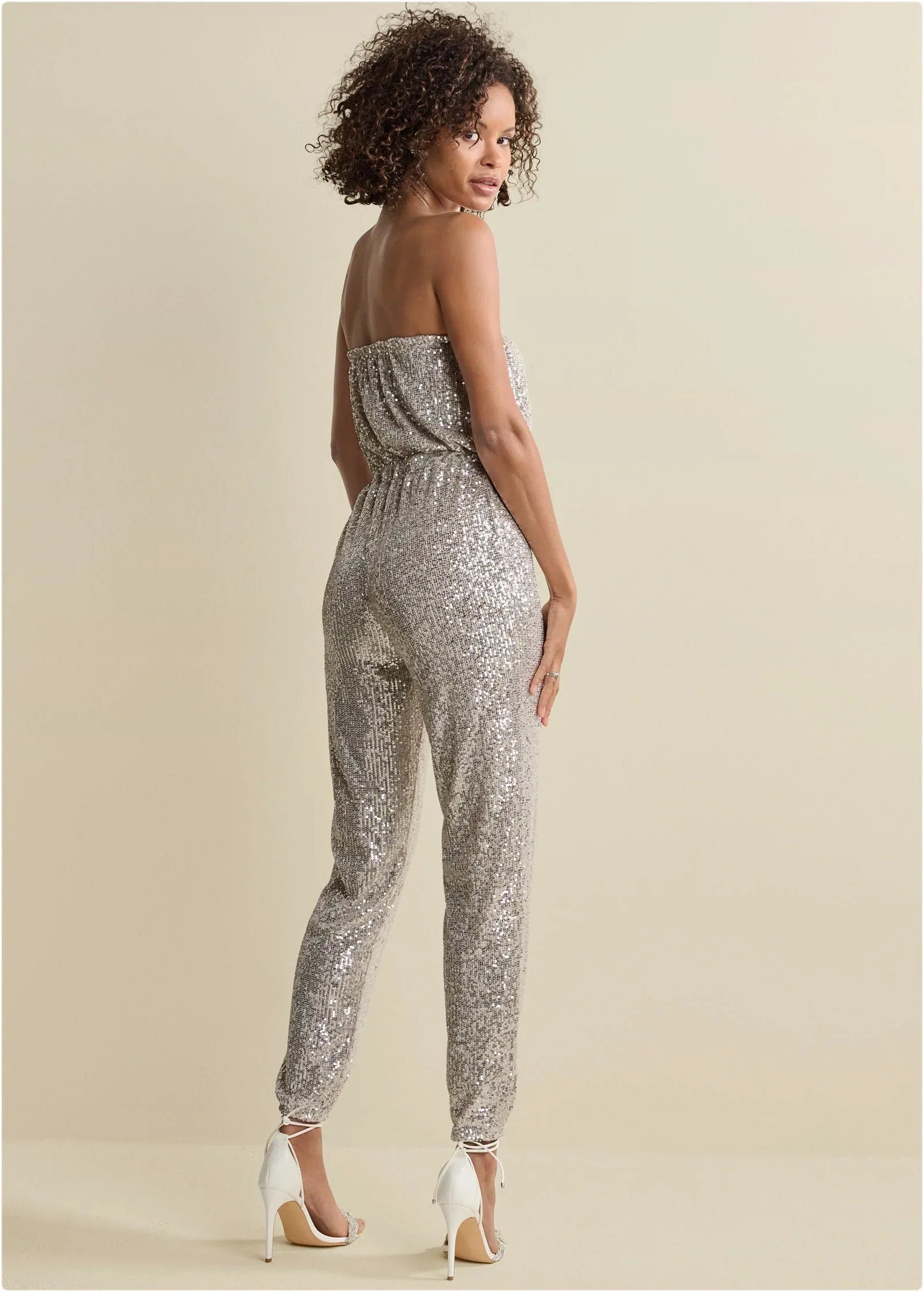 Strapless Sequin Jumpsuit Champagne