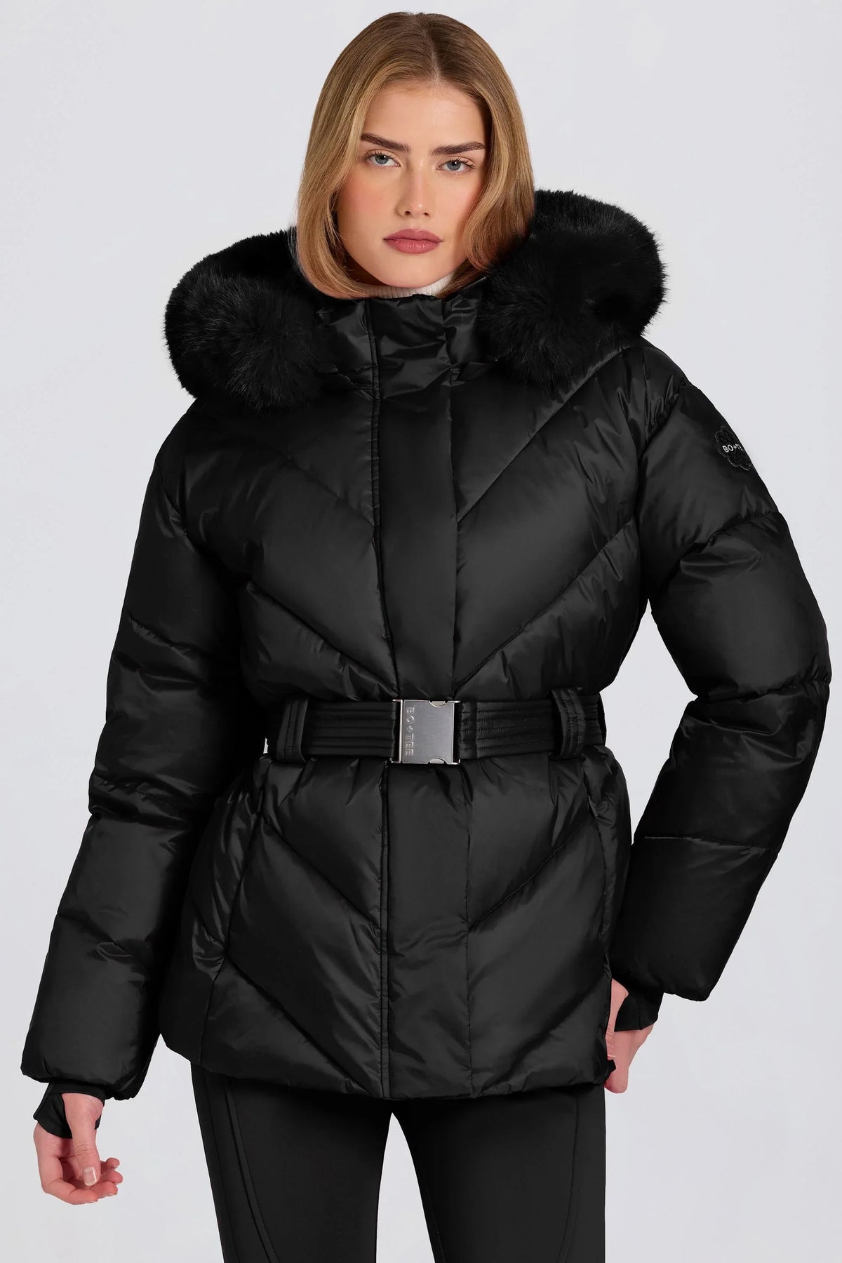 Waterproof Faux Fur Hood Ski Jacket in Black