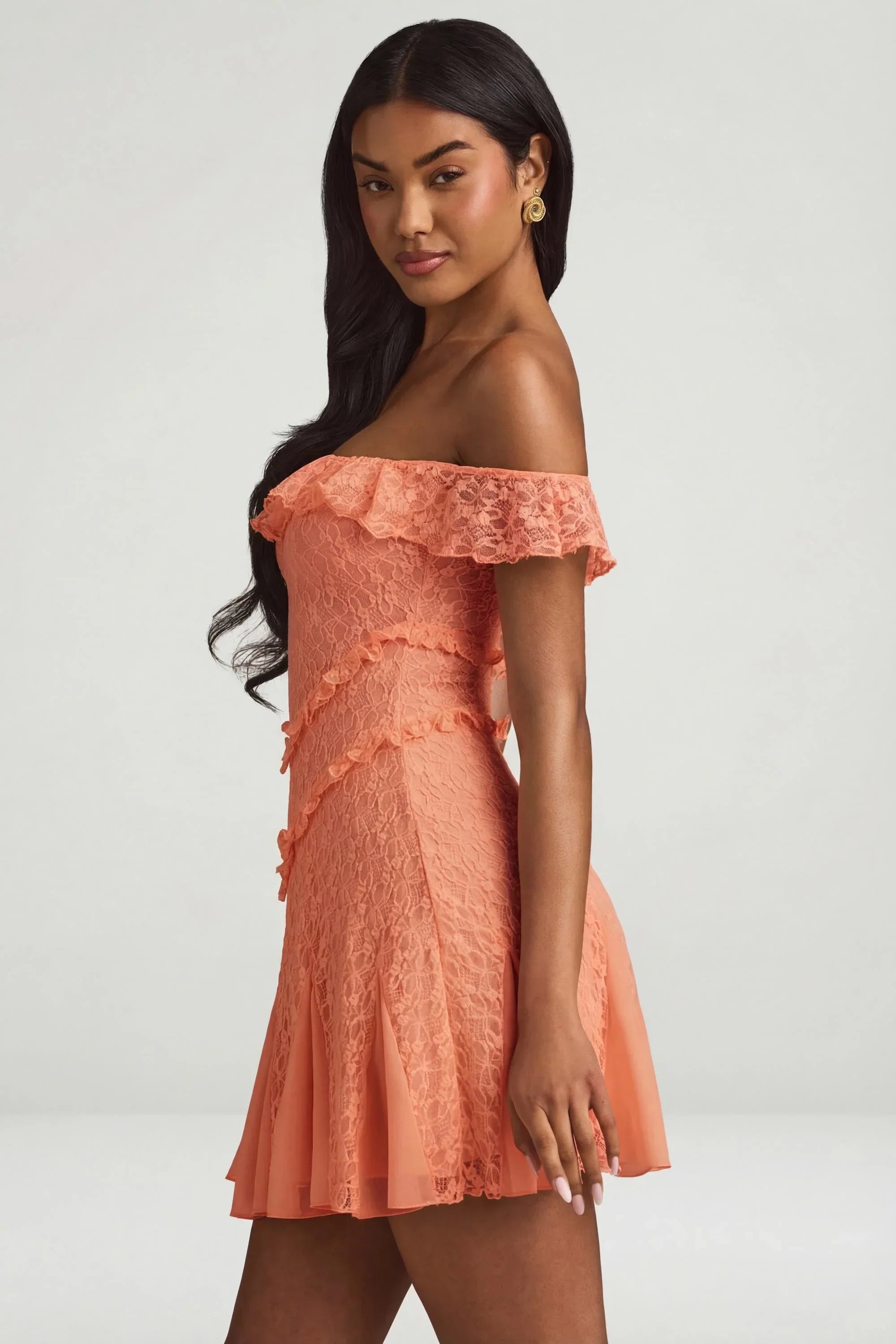 Off Shoulder Lace A Line Mini Dress in Peach
