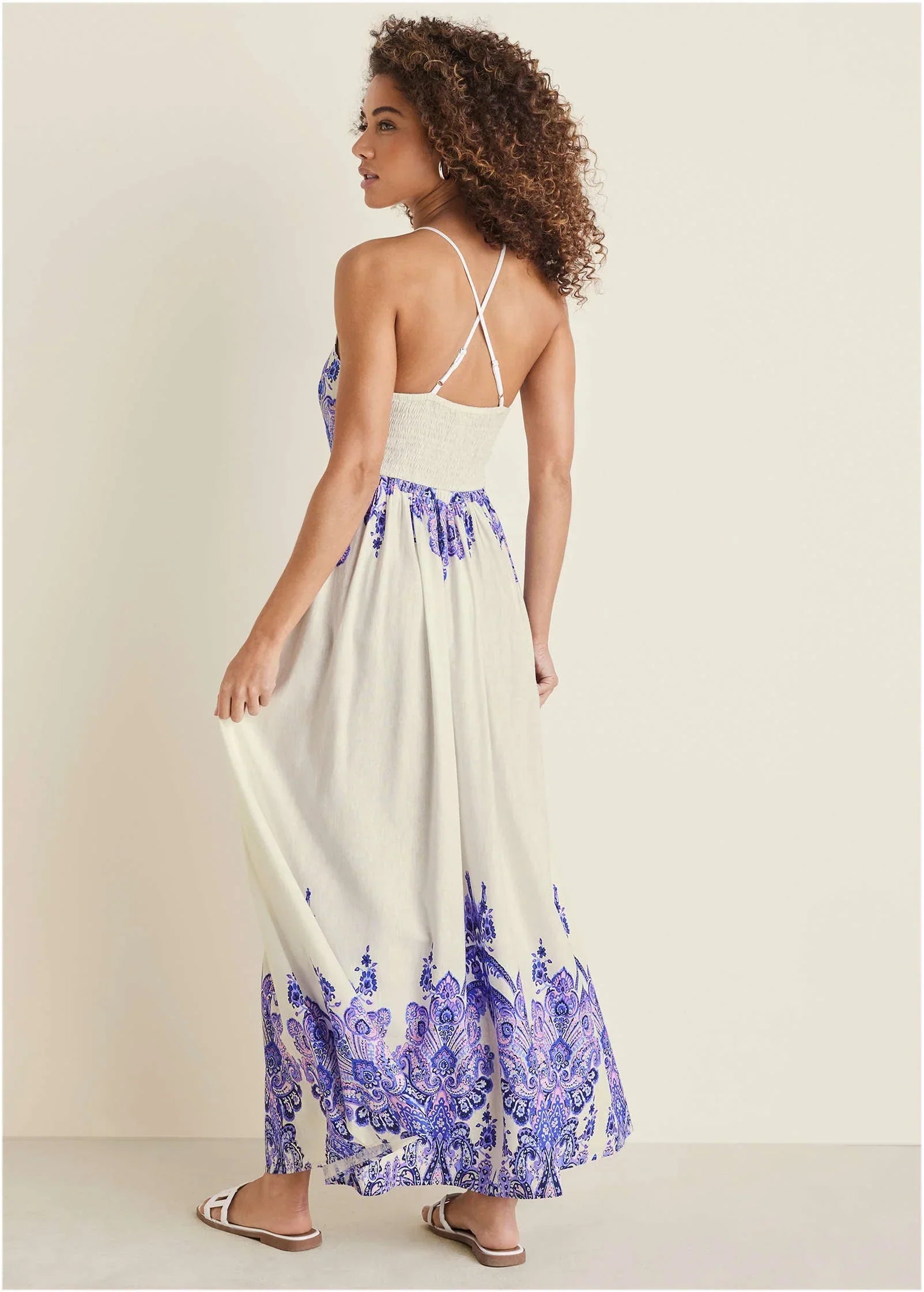 Printed Linen Maxi Dress Purple Paisley Border