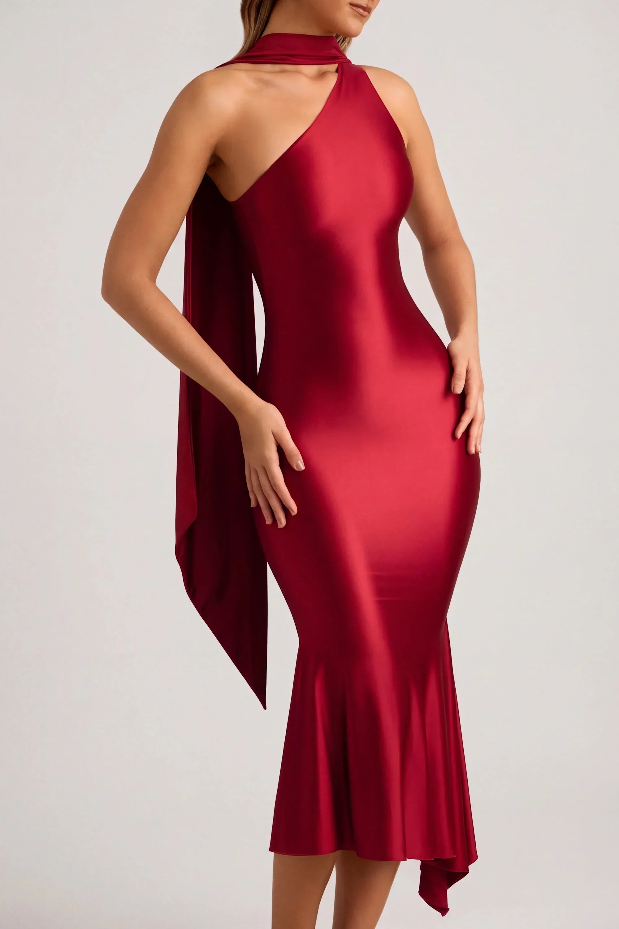 Asymmetric Scarf Detail Midaxi Dress in True Red