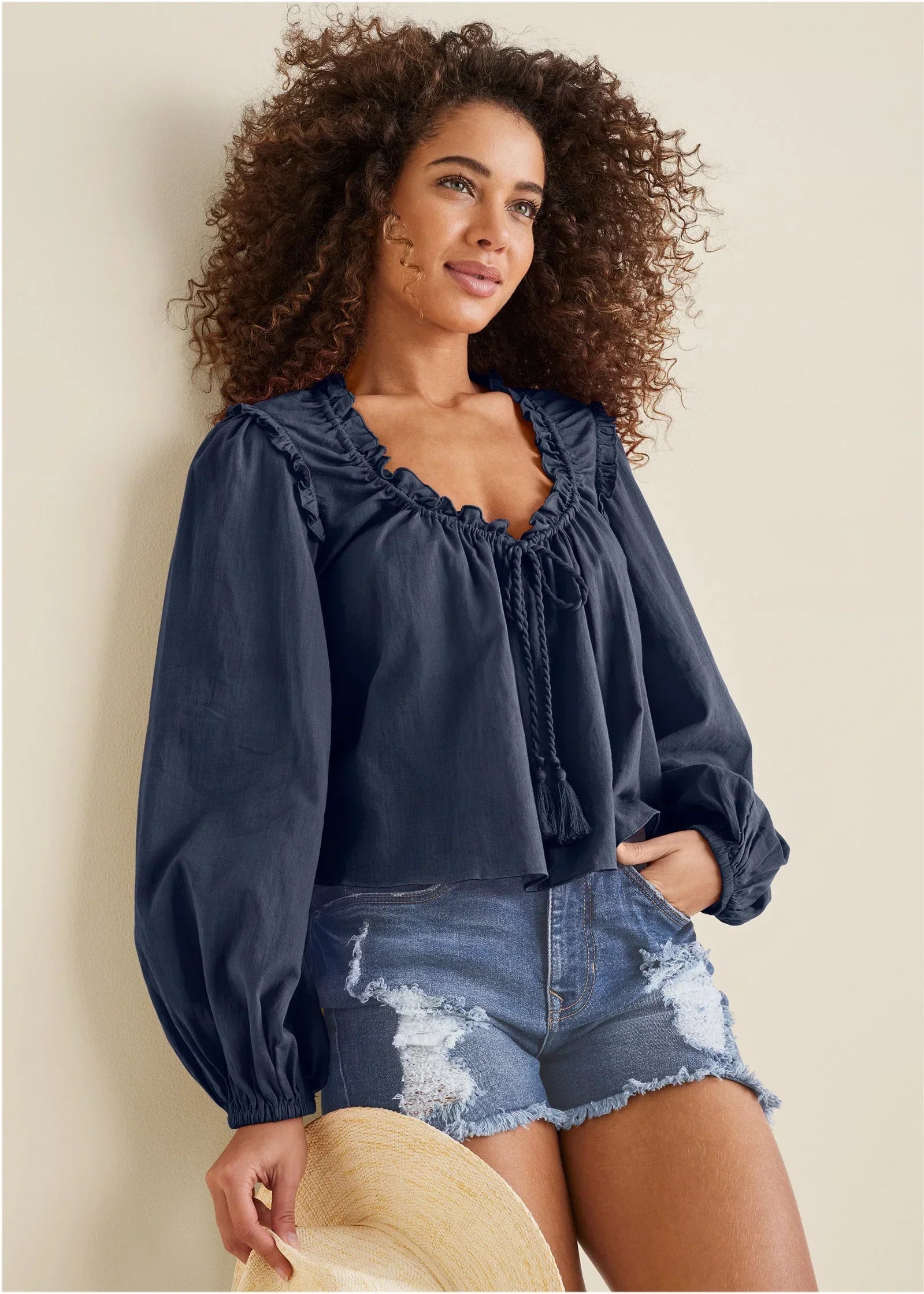 Tassel Long Sleeve Top Navy