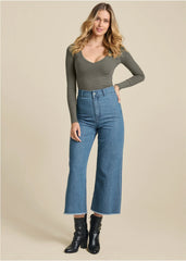 Ribbed Long Sleeve V Neck Olive