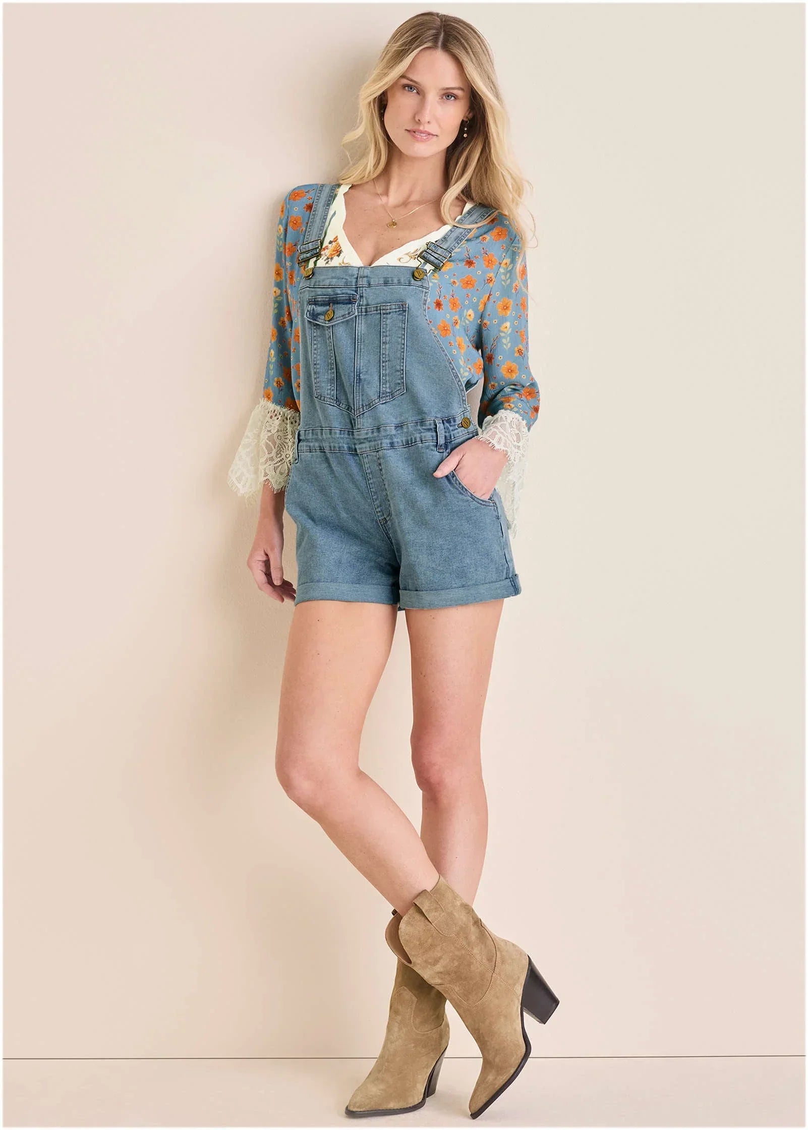 V Back Denim Overalls Light Wash