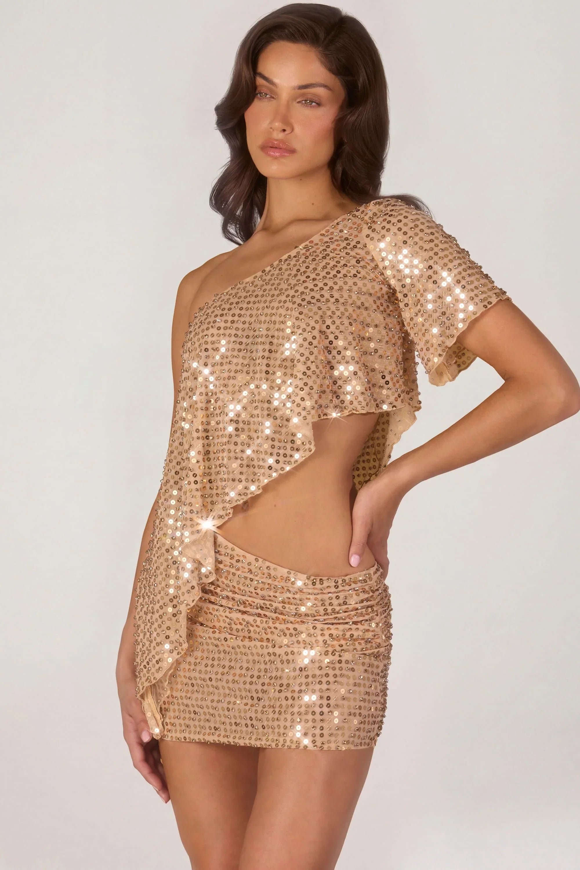 Embellished One Shoulder Asymmetric Top in Gold