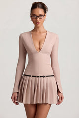 Long Sleeve Pleated Mini Dress in Mushroom
