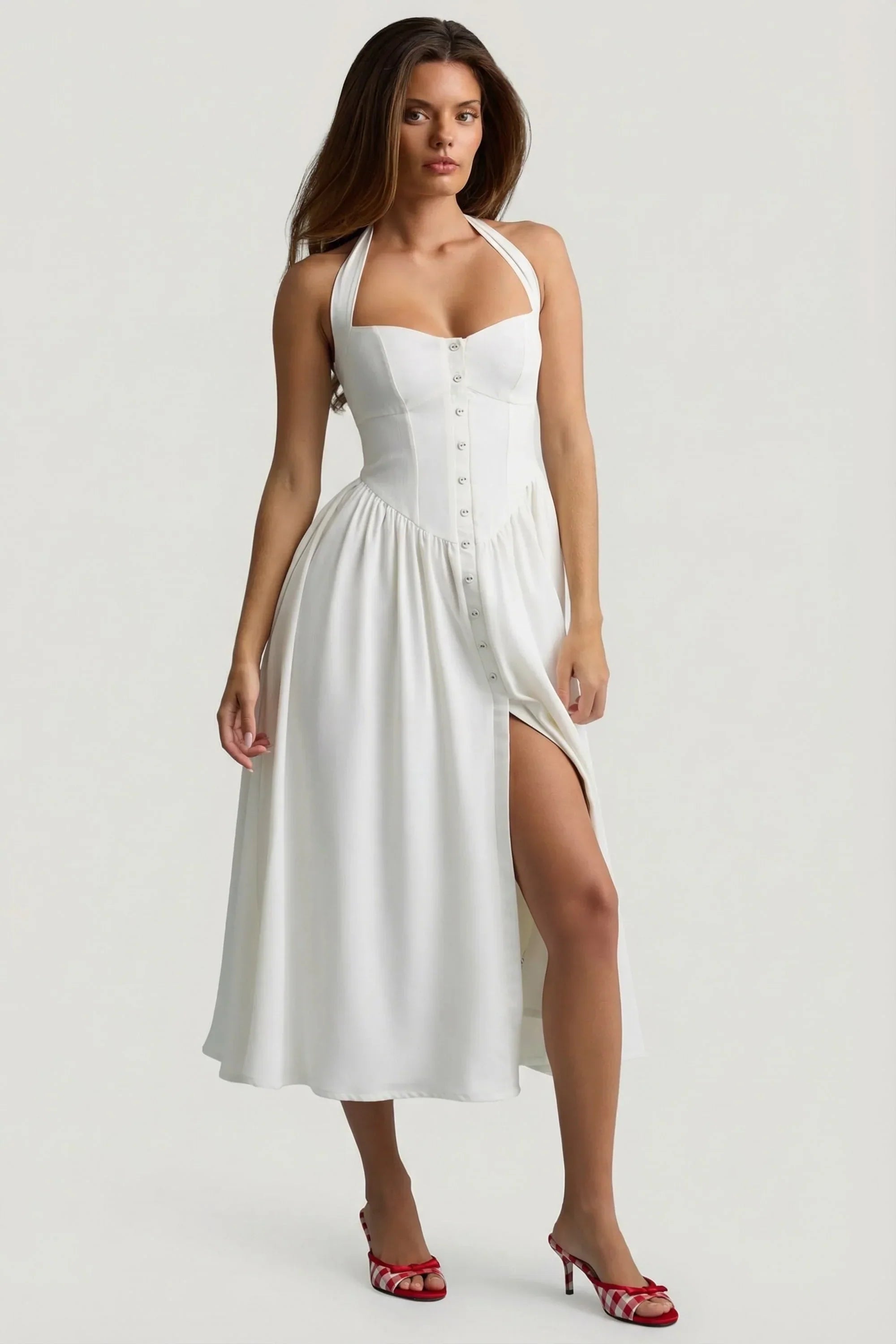 Button Detail Halterneck Midaxi Dress in White