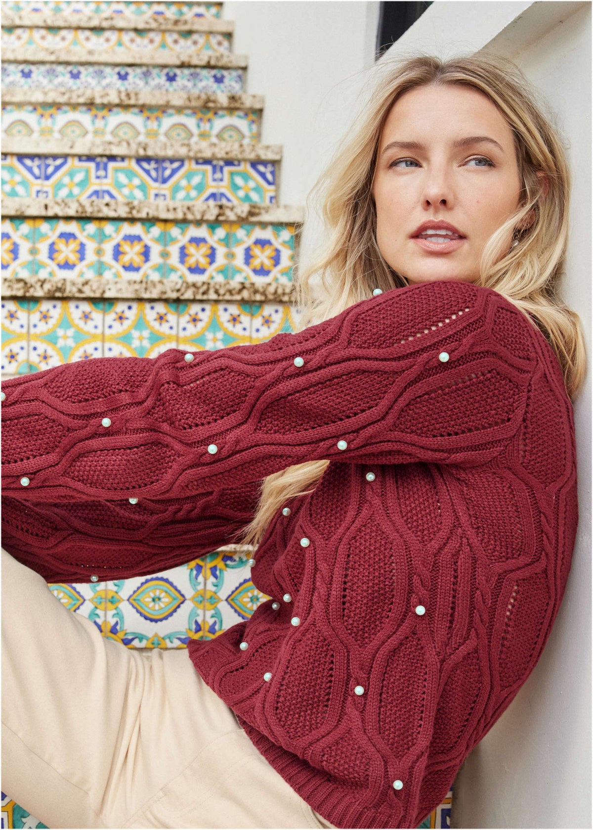 Pearl Detail Sweater Wine