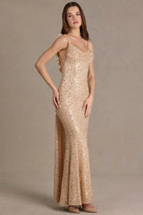 Embellished Open Back Maxi Dress in Gold