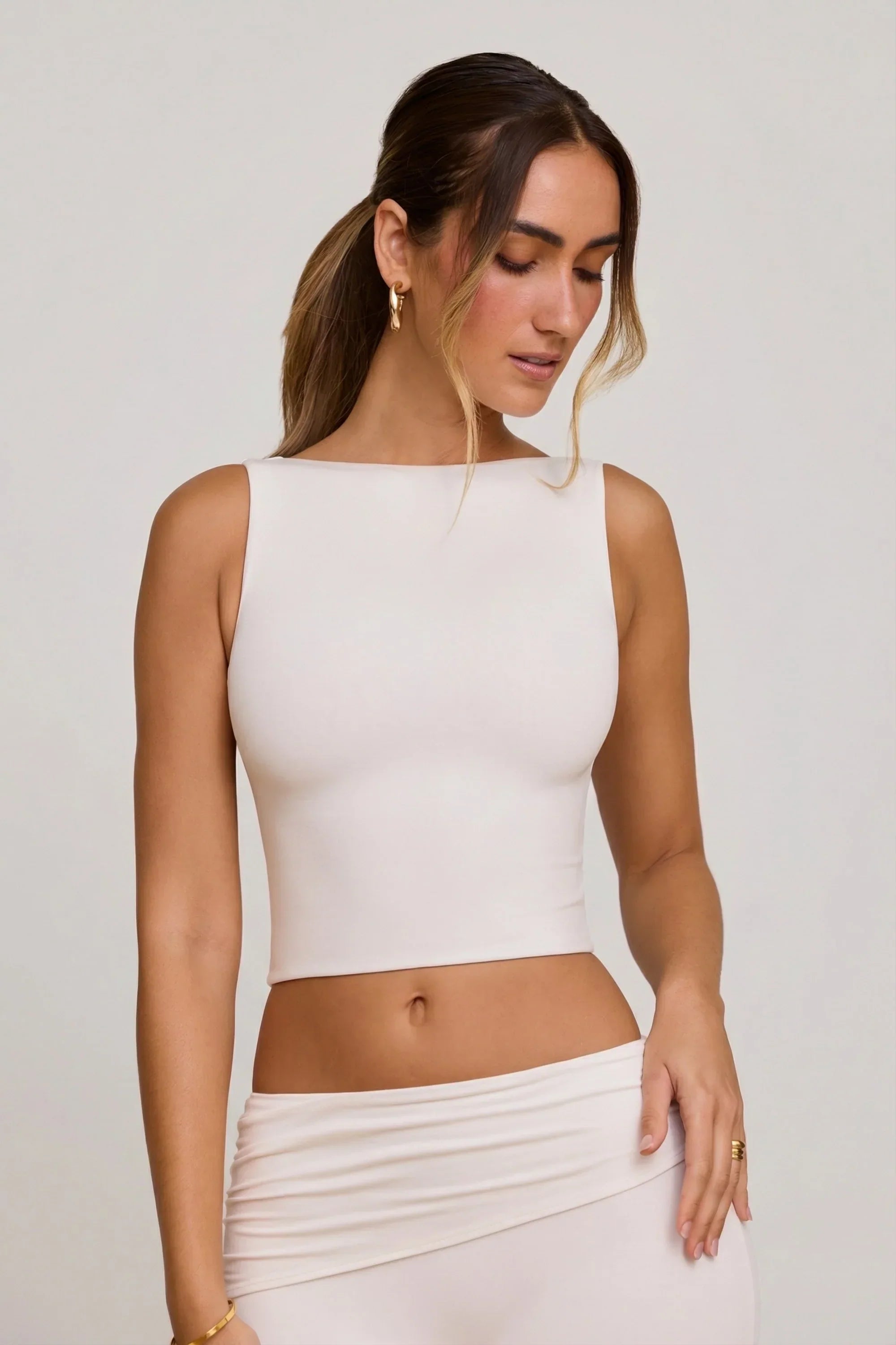 High Neck Open Back Crop Top in White