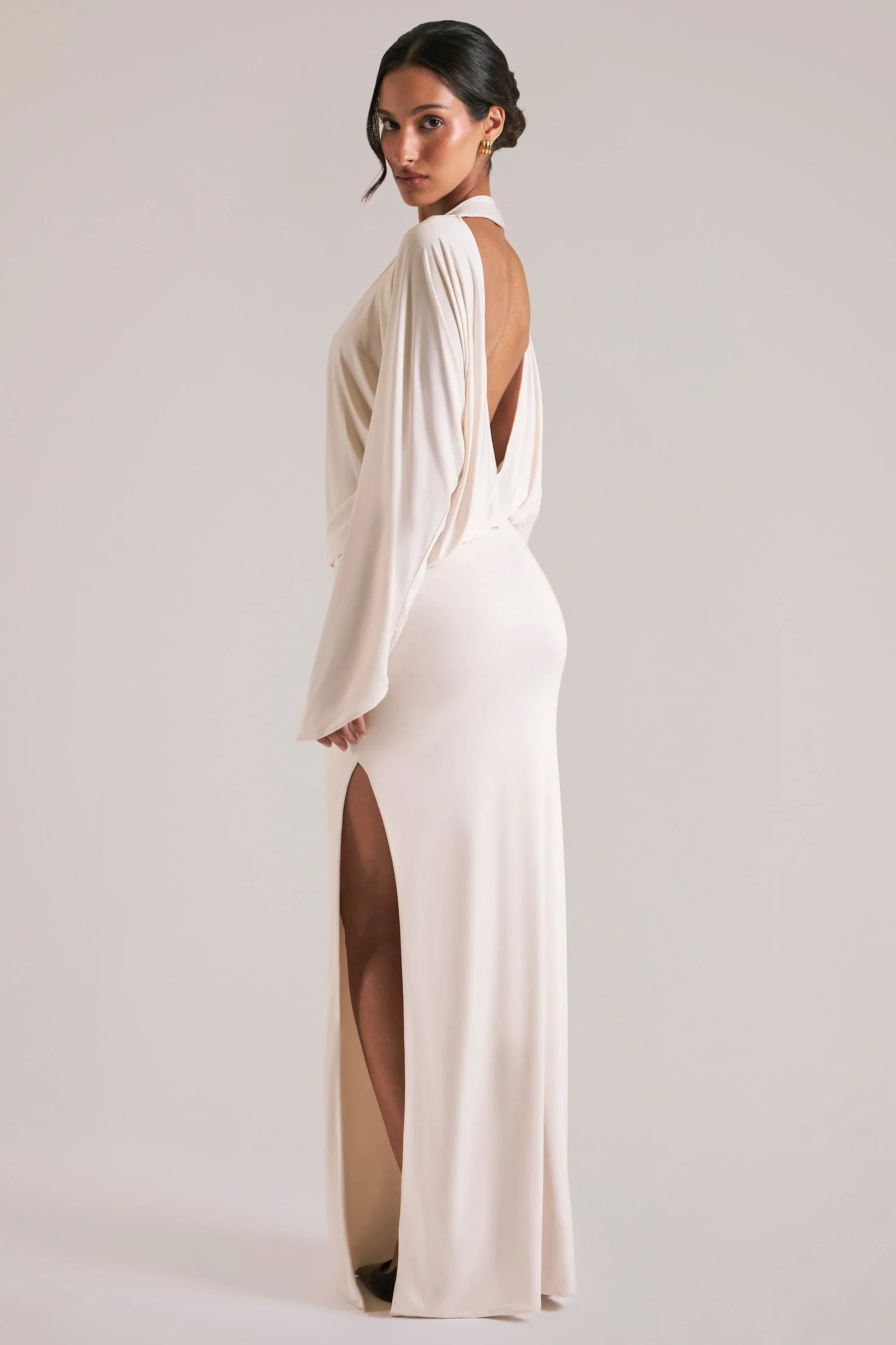 Long Sleeve Draped Maxi Dress in Vanilla