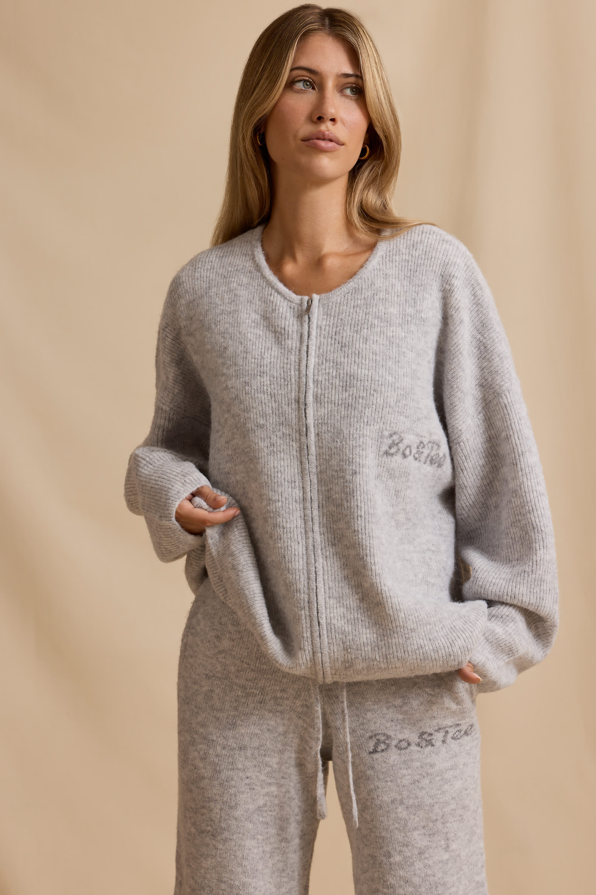 Oversized Zip Up Cardigan in Ice Marl