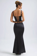 Mid Rise Fishtail Maxi Skirt in Black