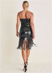 Sequined Fringe Mini Dress Jet Black