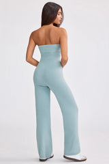 Chunky Knit Bandeau Kick Flare Jumpsuit in Dusty Teal