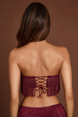 Fringed Bandeau Lace up Crop Top in Wine Red