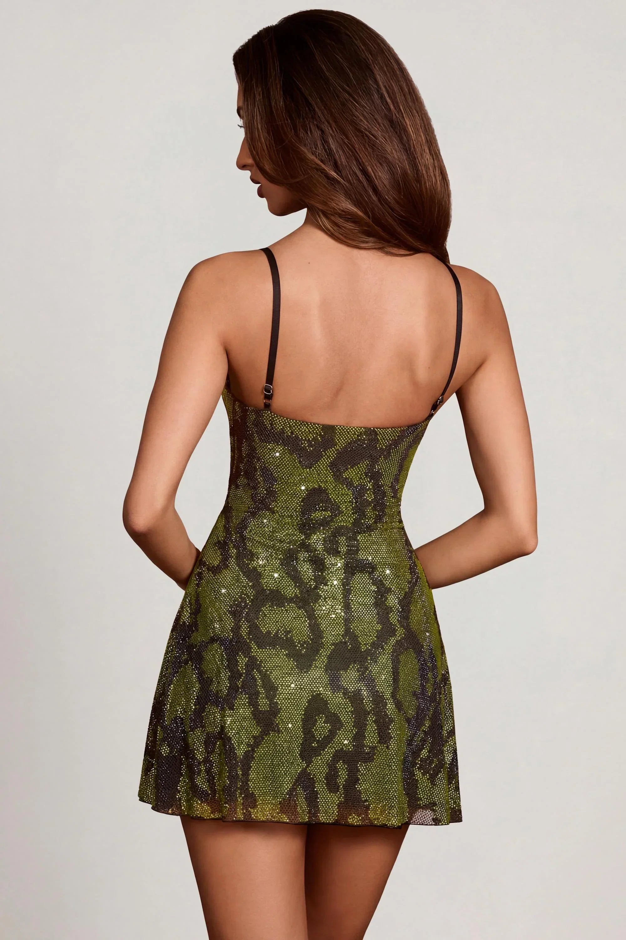 Embellished Cowl Neck A line Mini Dress in Green Snake