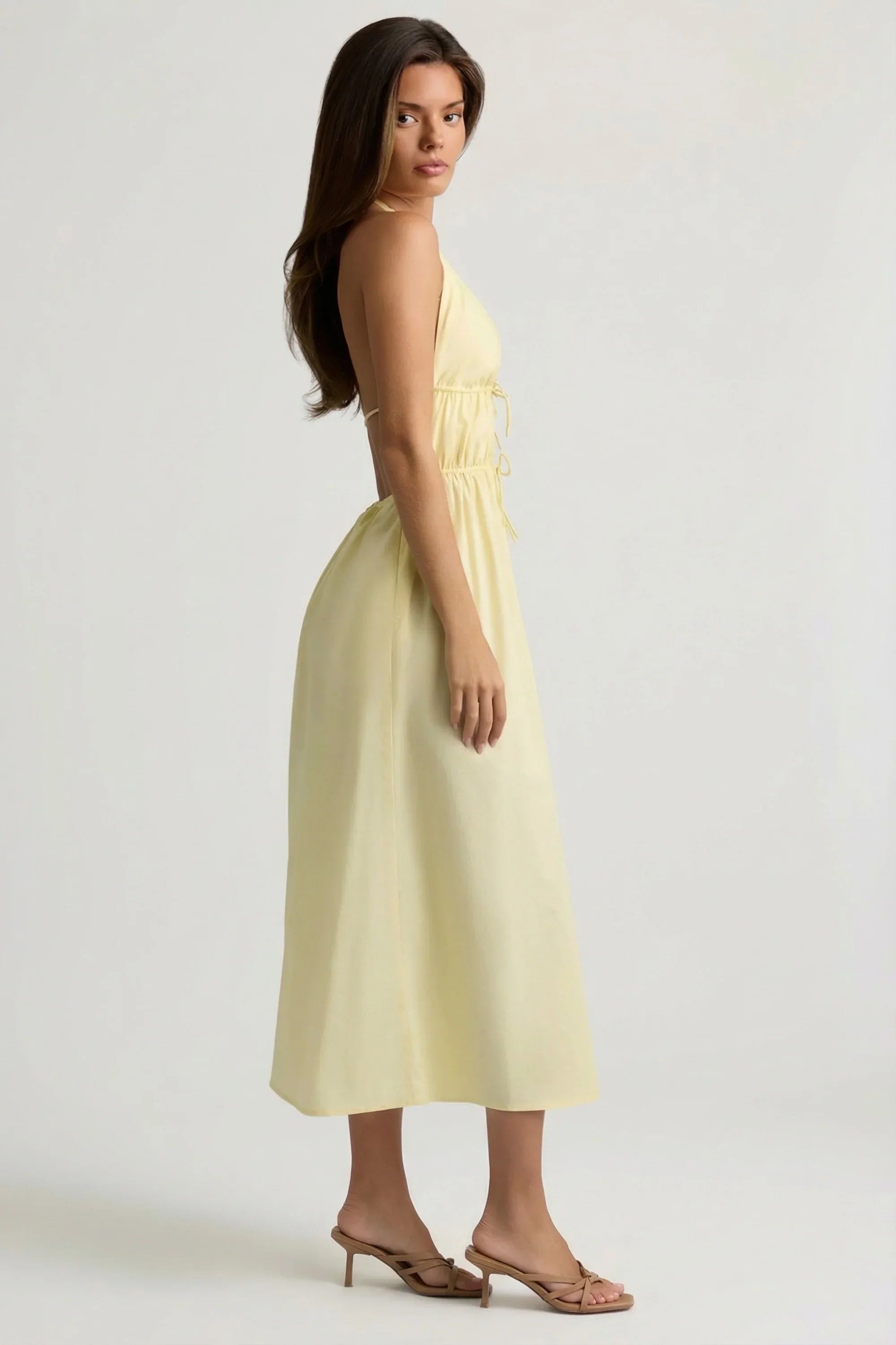 Backless Cotton Poplin Midaxi Dress in Lemon Yellow