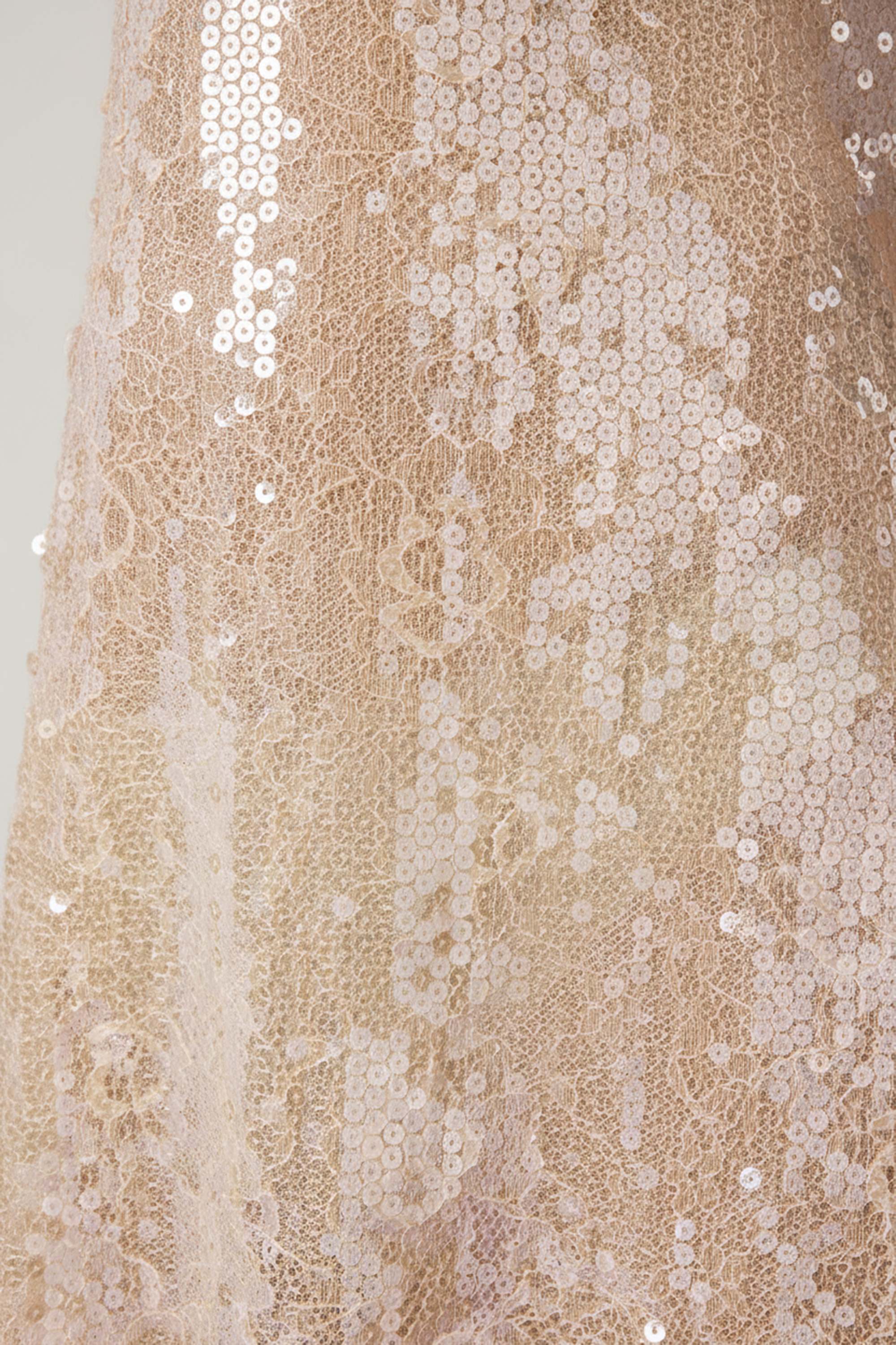 Embellished V neck Lace Mini Dress in Pale Peach