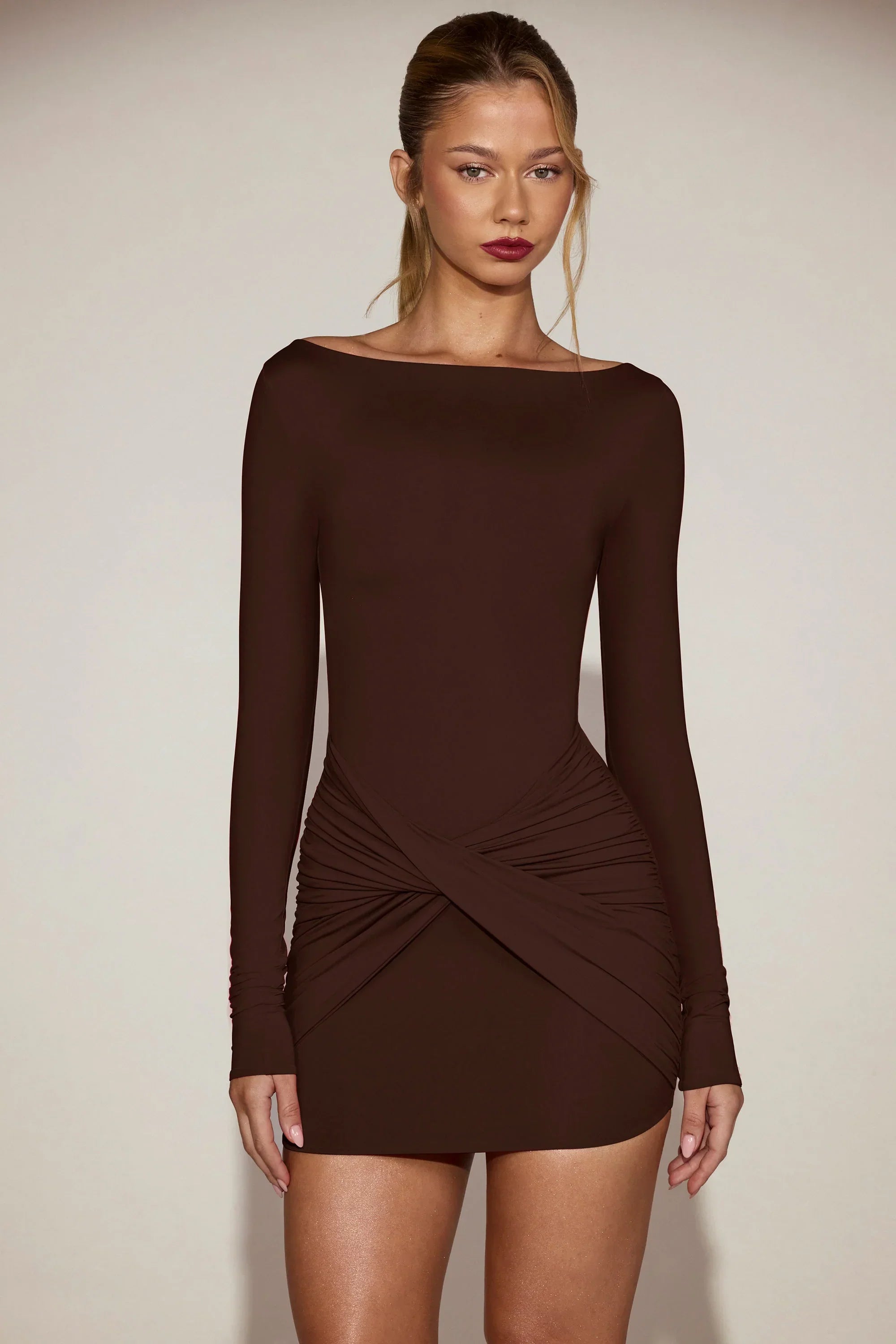 Soft Jersey Boat Neck Draped Mini Dress in Chocolate Brown