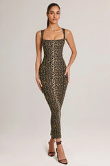 Modal Square Neck Bodycon Midi Dress in Leopard Print